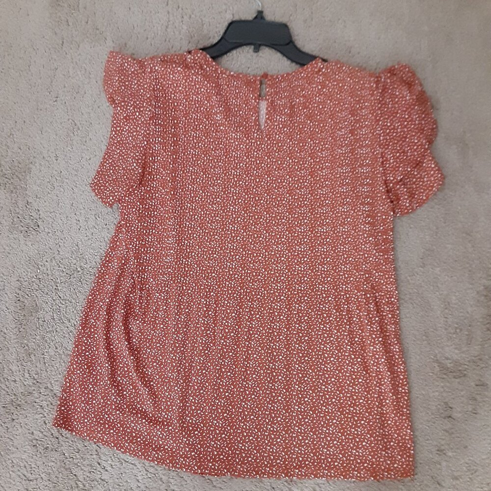 Adrianna Papell  rusty brown blouse.  Flair bottom and ruffle sleeves